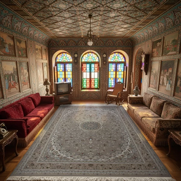 فرش ماشینی 1500 شانه تراکم 4500 برجسته طرح فروغ صدفی