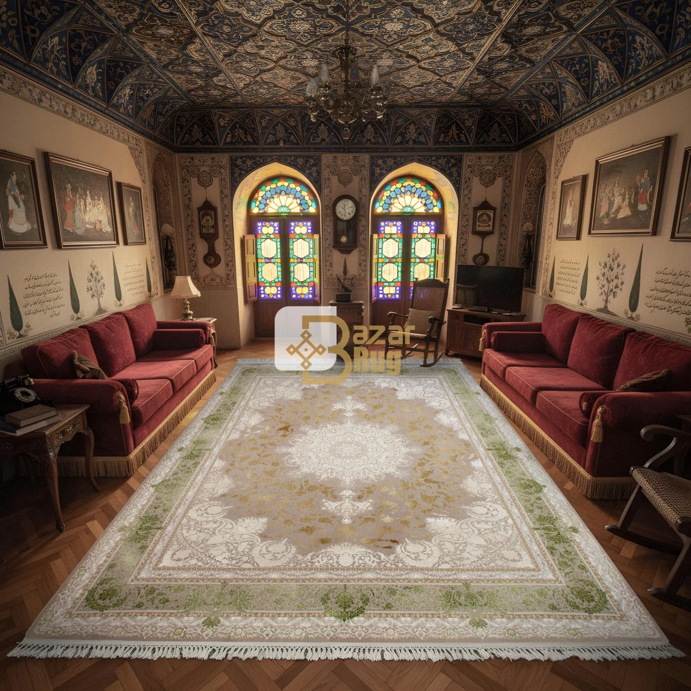 فرش ماشینی 1500 شانه تراکم 4500 برجسته طرح هدا یاسی طلایی