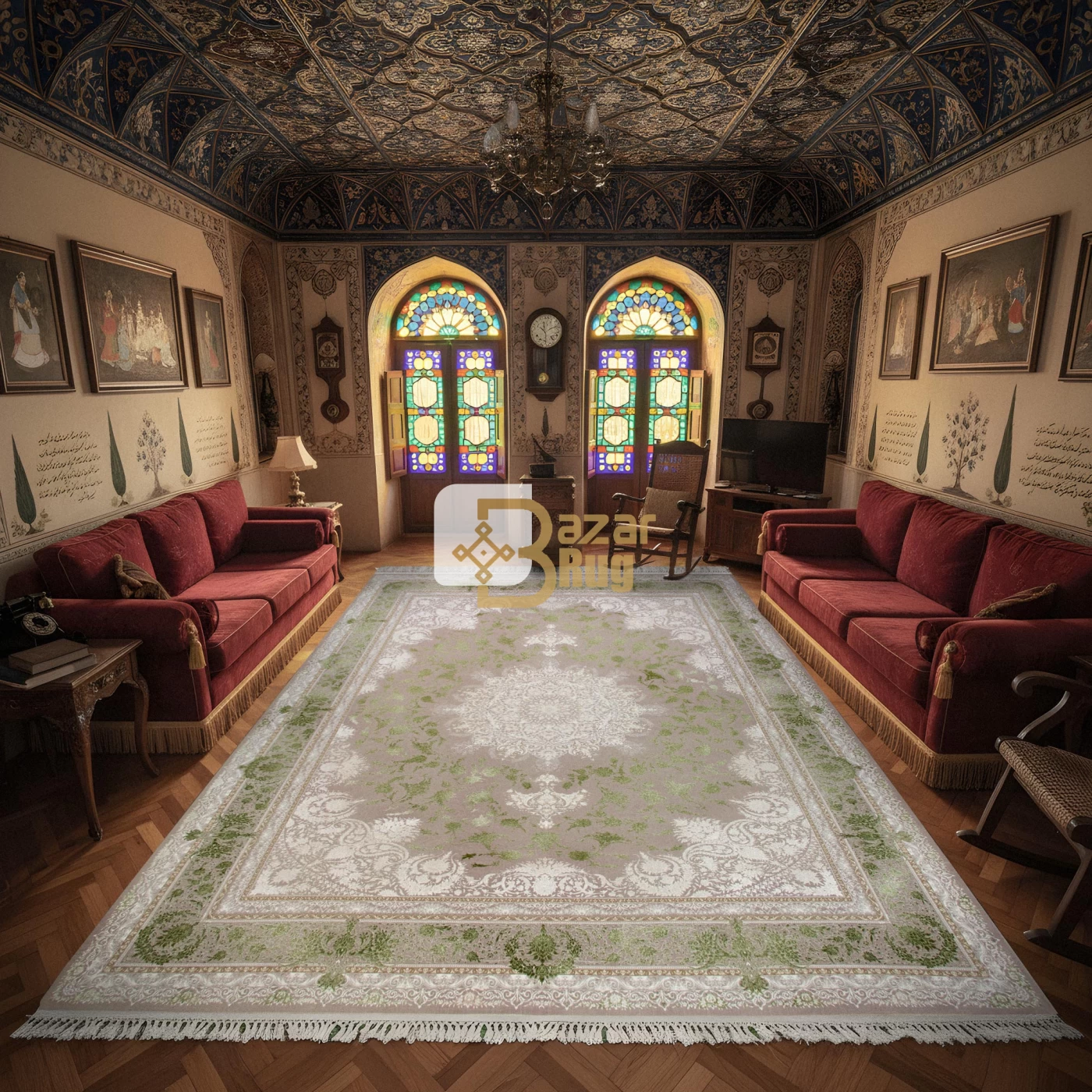 فرش ماشینی 1500 شانه تراکم 4500 برجسته طرح هدا یاسی سبز