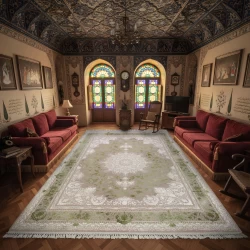 فرش ماشینی 1500 شانه تراکم 4500 برجسته طرح هدا یاسی سبز - بازارفرش - فرش 1500 شانه