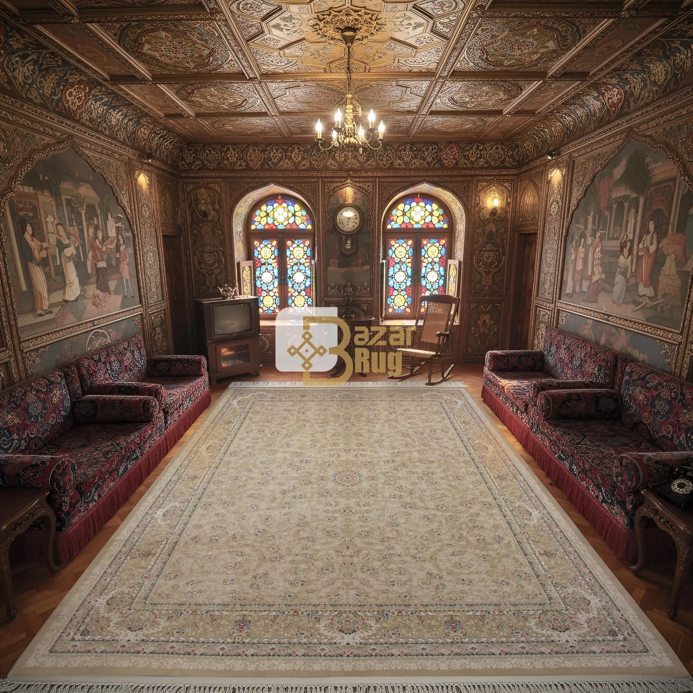 فرش ماشینی 1500 شانه تراکم 4500 برجسته طرح لیدا بژ