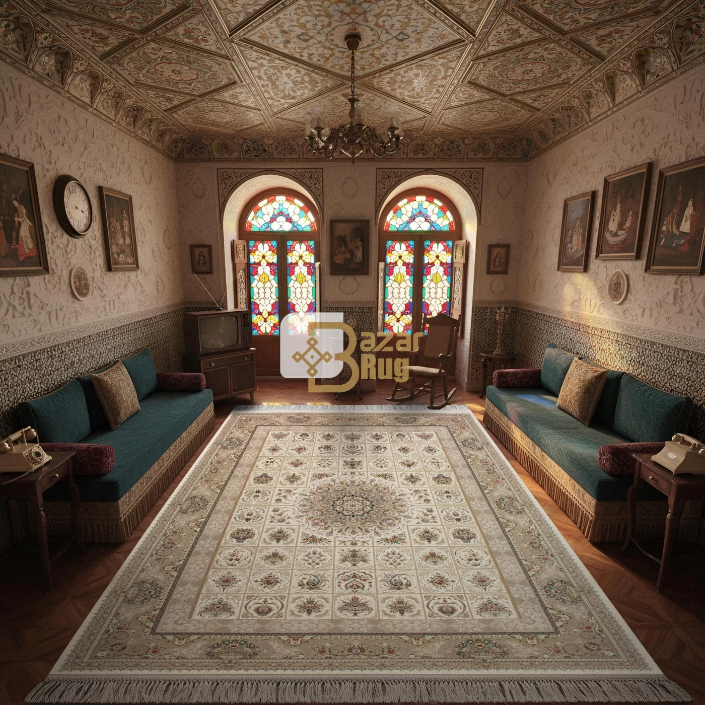 فرش ماشینی 1500 شانه تراکم 4500 برجسته طرح پویا کرم