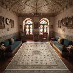 فرش ماشینی 1500 شانه تراکم 4500 برجسته طرح پویا کرم - بازارفرش - فرش 1500 شانه