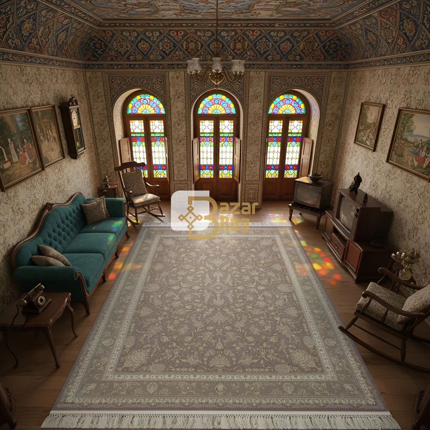 فرش ماشینی 1500 شانه تراکم 4500 برجسته طرح روژان یاسی