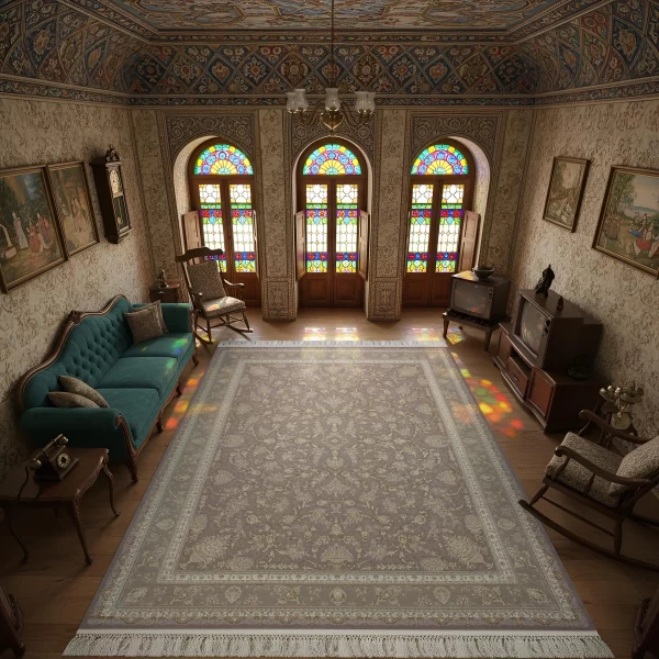 فرش ماشینی 1500 شانه تراکم 4500 برجسته طرح روژان یاسی