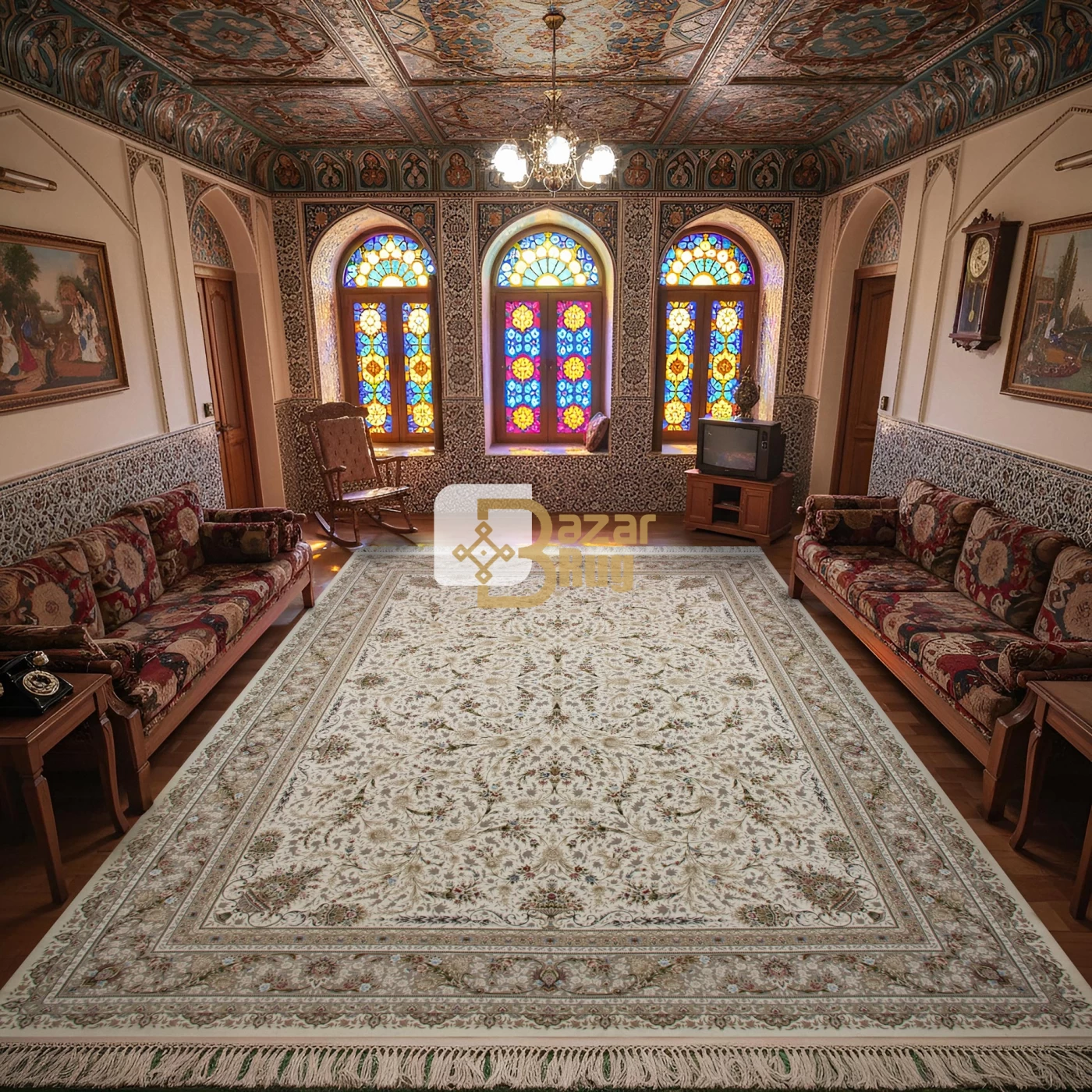 فرش ماشینی 1500 شانه تراکم 4500 برجسته طرح شروین کرم