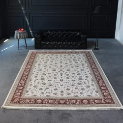 فرش ماشینی 1500 شانه تراکم 4500 برجسته طرح سیران کرم حاشیه گلبهی - بازارفرش - فرش 1500 شانه