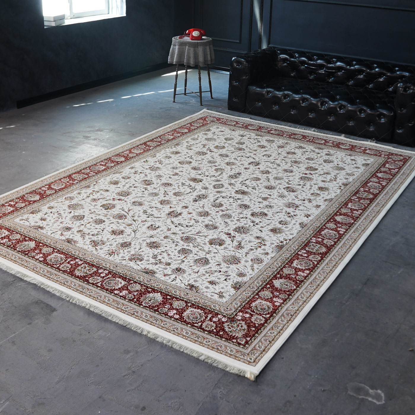 فرش ماشینی 1500 شانه تراکم 4500 برجسته طرح سیران کرم حاشیه گلبهی