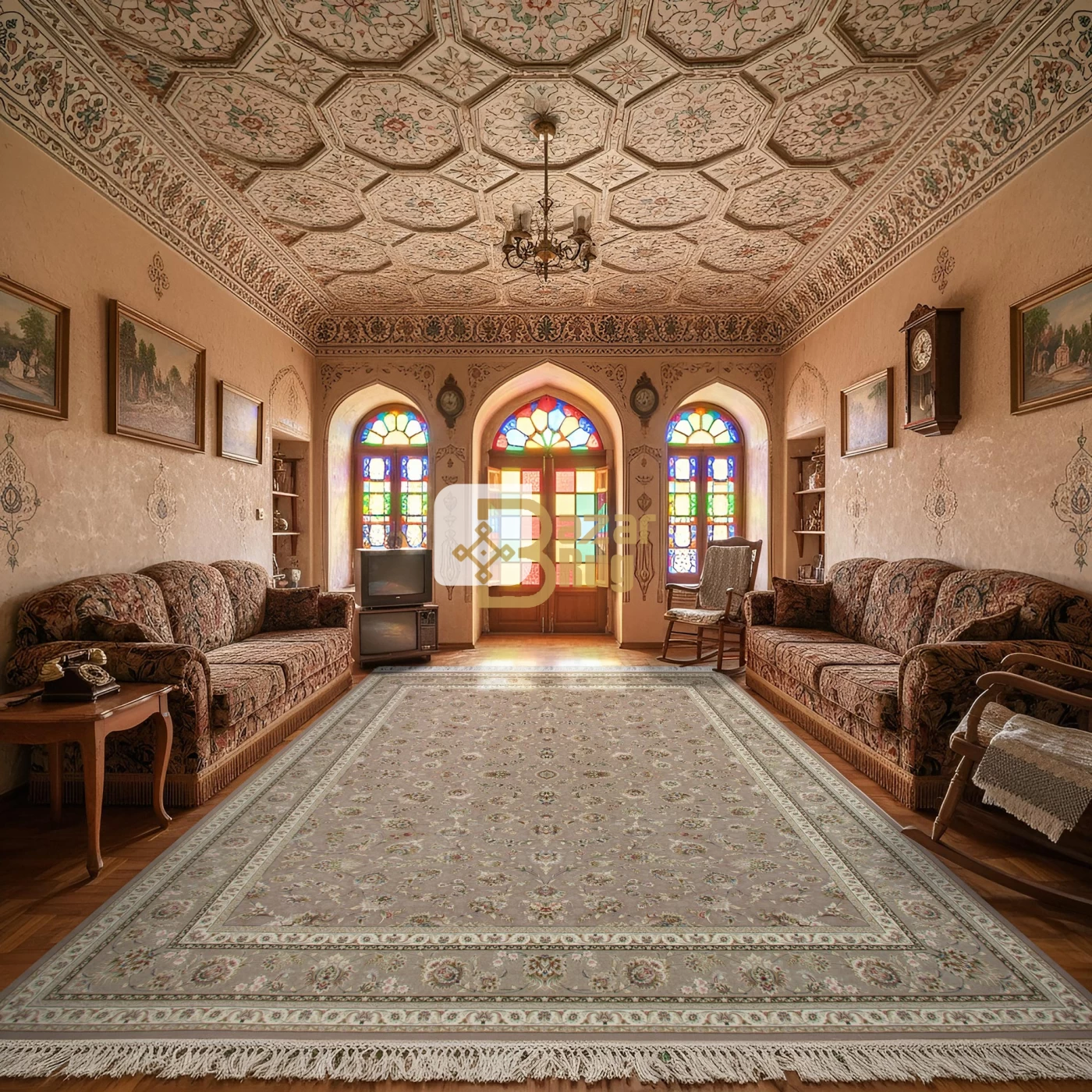 فرش ماشینی 1500 شانه تراکم 4500 برجسته طرح سیران یاسی