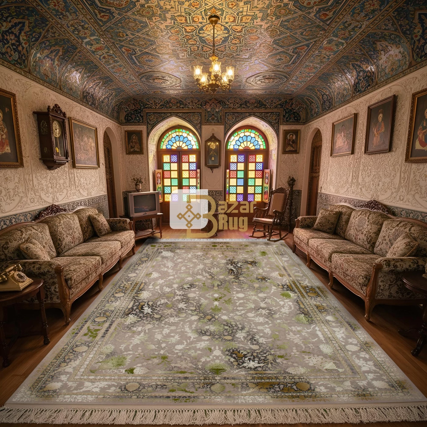 فرش ماشینی 1500 شانه تراکم 4500 برجسته طرح سولان یاسی