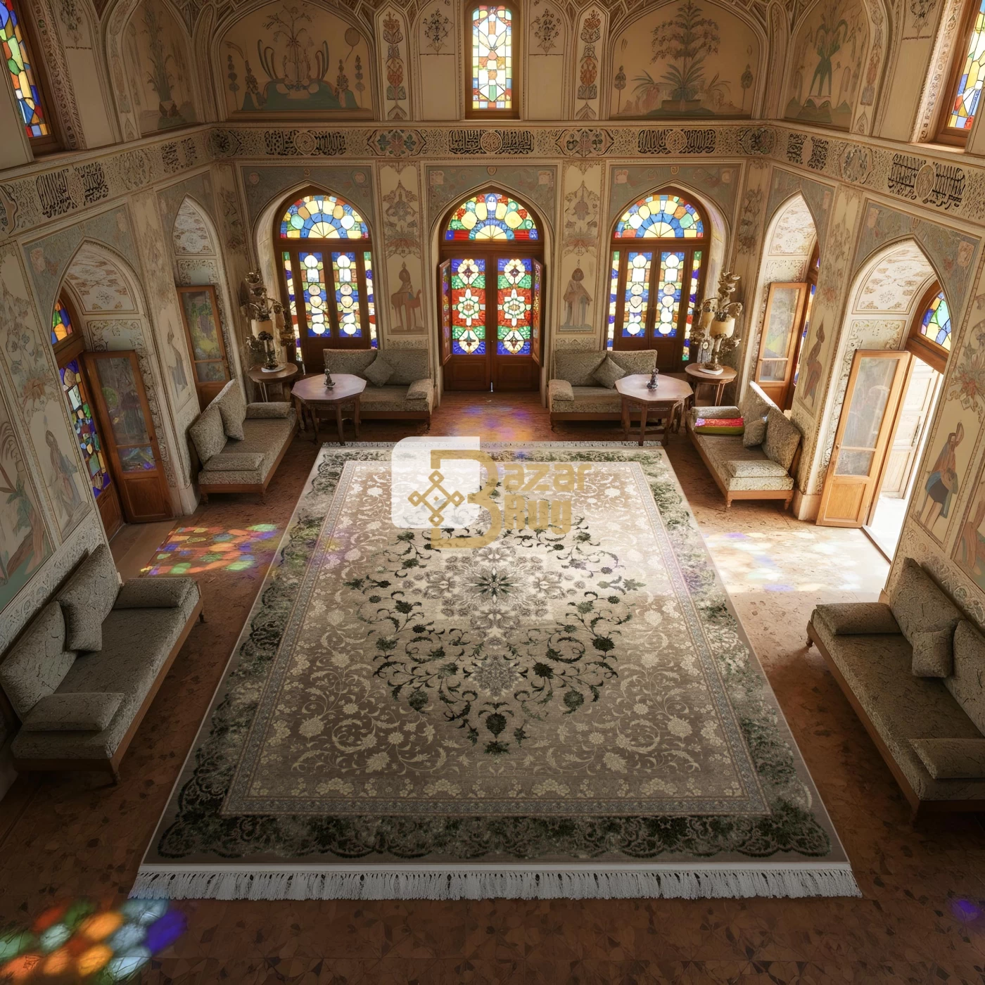 فرش ماشینی ۷۰۰ شانه تراکم ۲۵۵۰ طرح ۱۱۰۹ سبز ترمه‌ ای