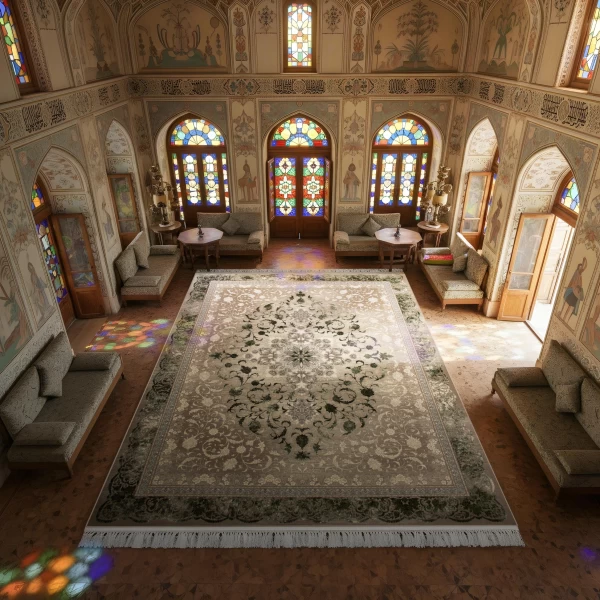 فرش ماشینی ۷۰۰ شانه تراکم ۲۵۵۰ طرح 1109 سبز ترمه‌ ای