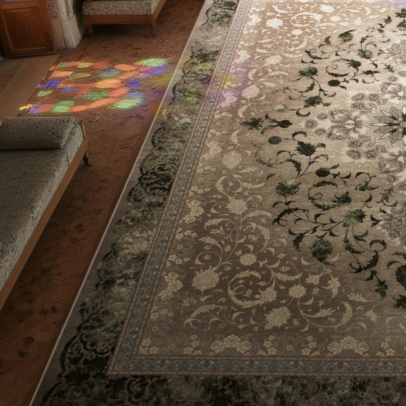 فرش ماشینی ۷۰۰ شانه تراکم ۲۵۵۰ طرح ۱۱۰۹ سبز ترمه‌ ای