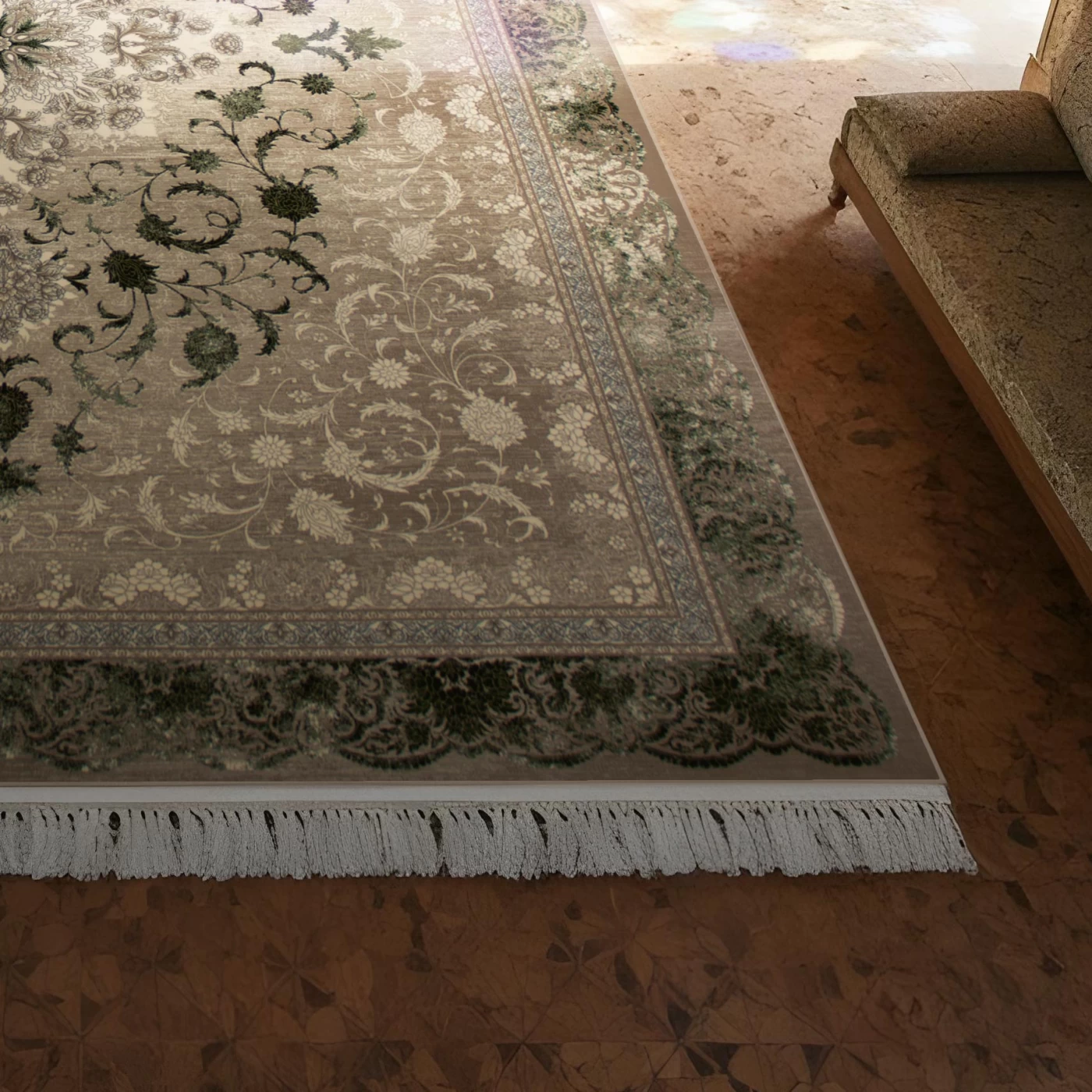 فرش ماشینی ۷۰۰ شانه تراکم ۲۵۵۰ طرح ۱۱۰۹ سبز ترمه‌ ای