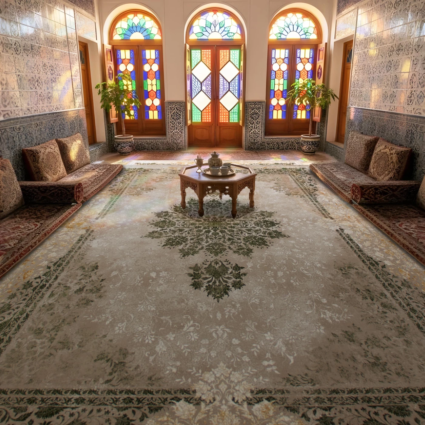 فرش ماشینی 700 شانه تراکم 2550 طرح 2122 سبز ترمه ای