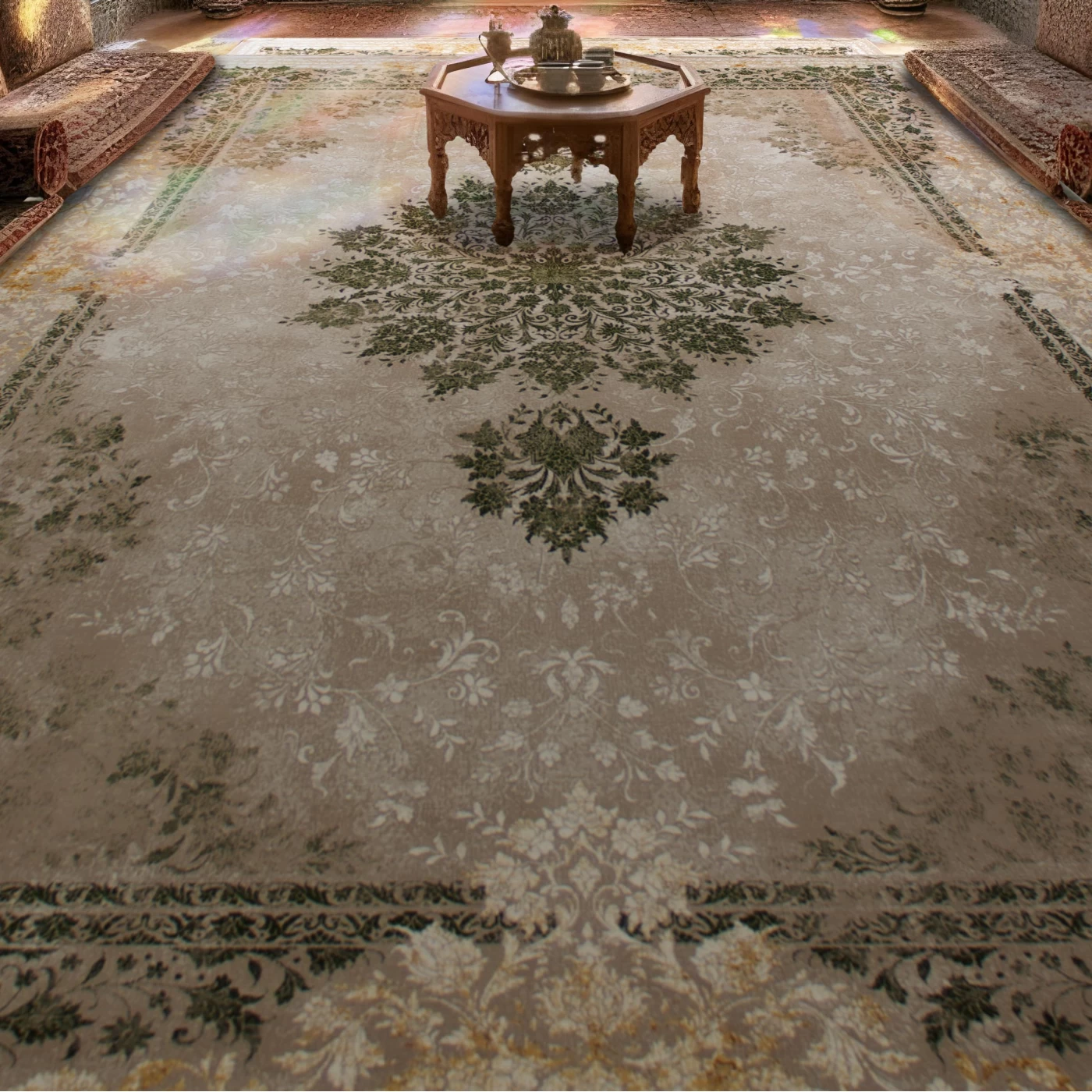 فرش ماشینی 700 شانه تراکم 2550 طرح 2122 سبز ترمه ای