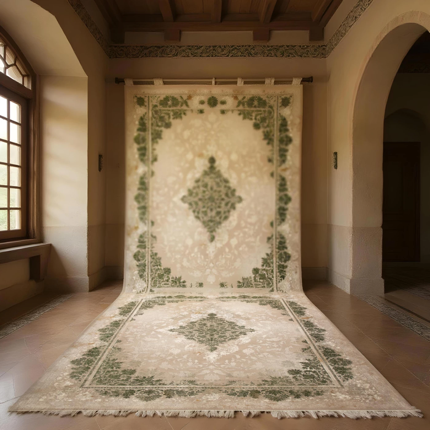 فرش ماشینی 700 شانه تراکم 2550 طرح 2124  سبز ترمه ای