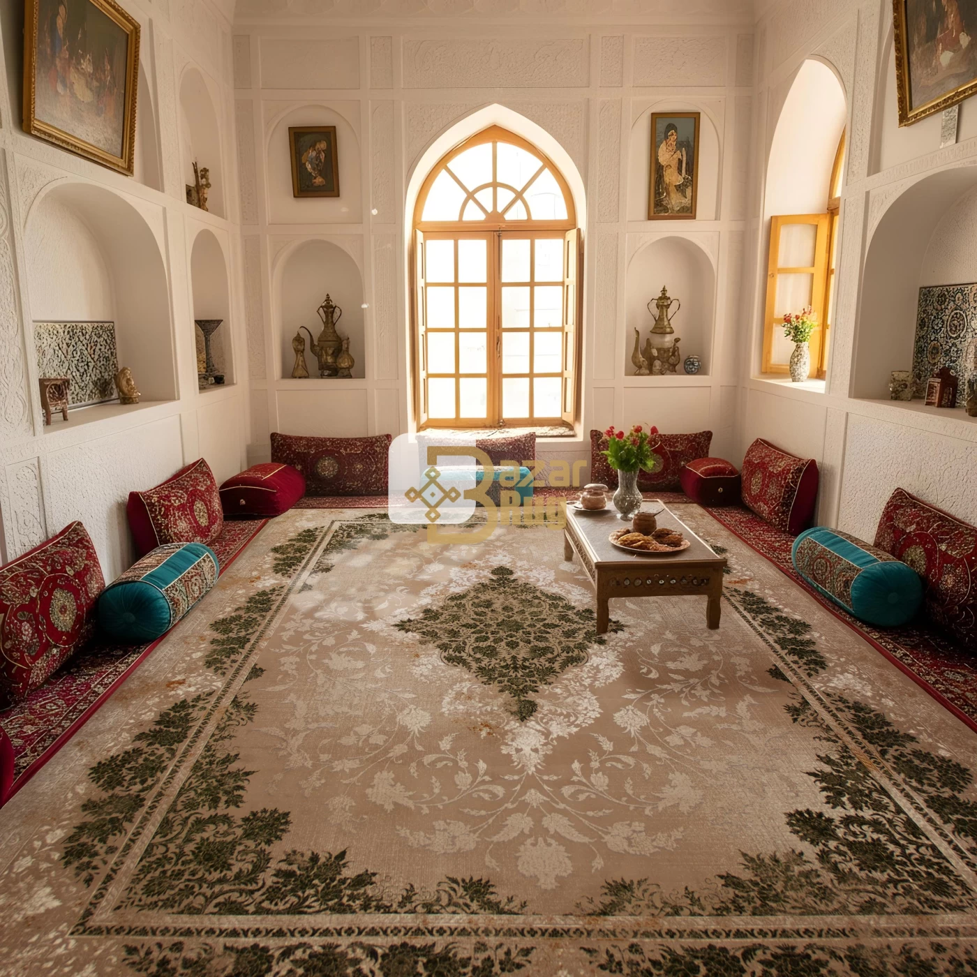 فرش ماشینی 700 شانه تراکم 2550 طرح 2124  سبز ترمه ای