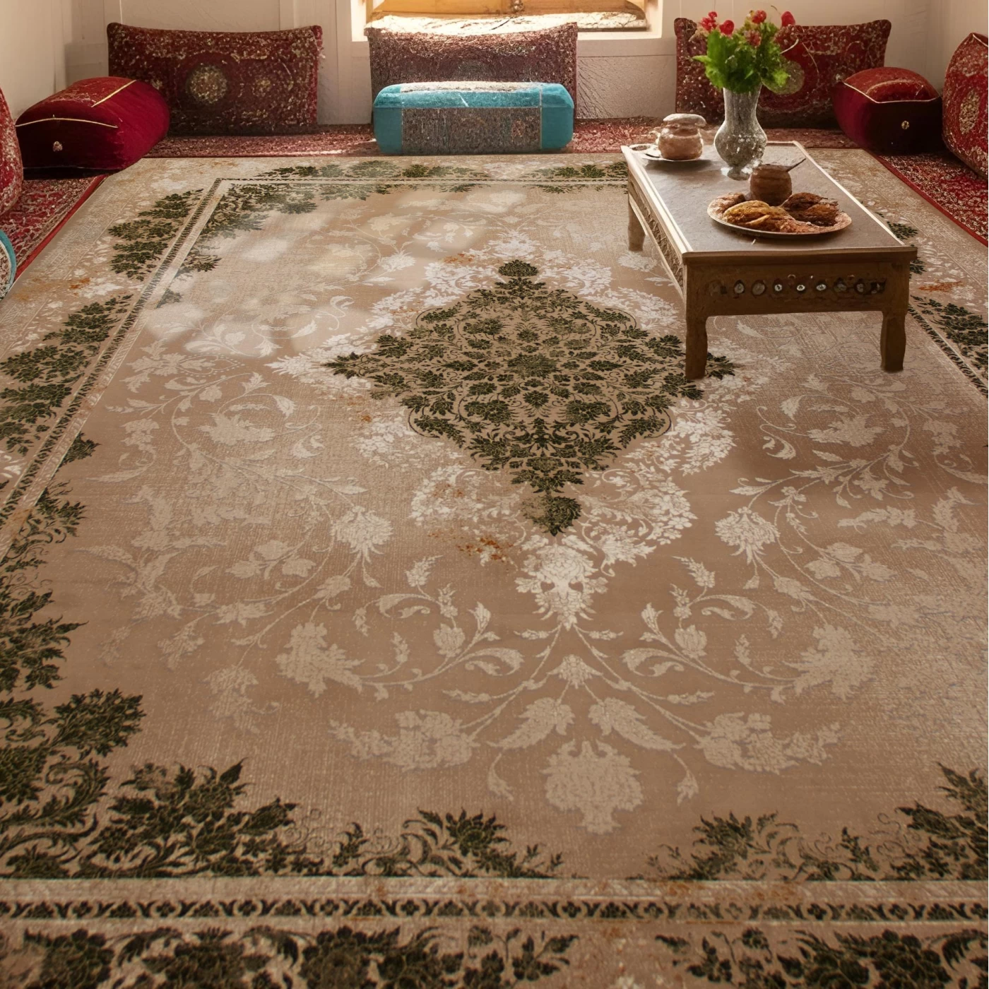 فرش ماشینی 700 شانه تراکم 2550 طرح 2124  سبز ترمه ای