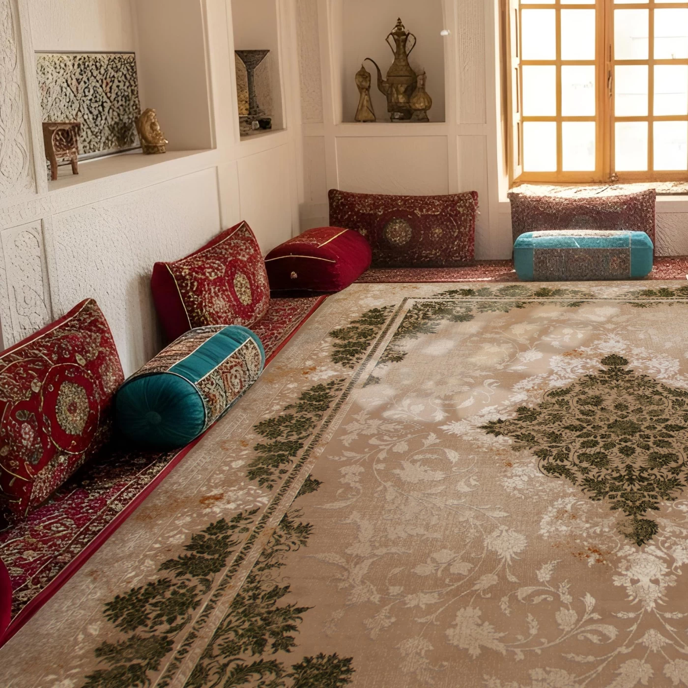 فرش ماشینی 700 شانه تراکم 2550 طرح 2124  سبز ترمه ای