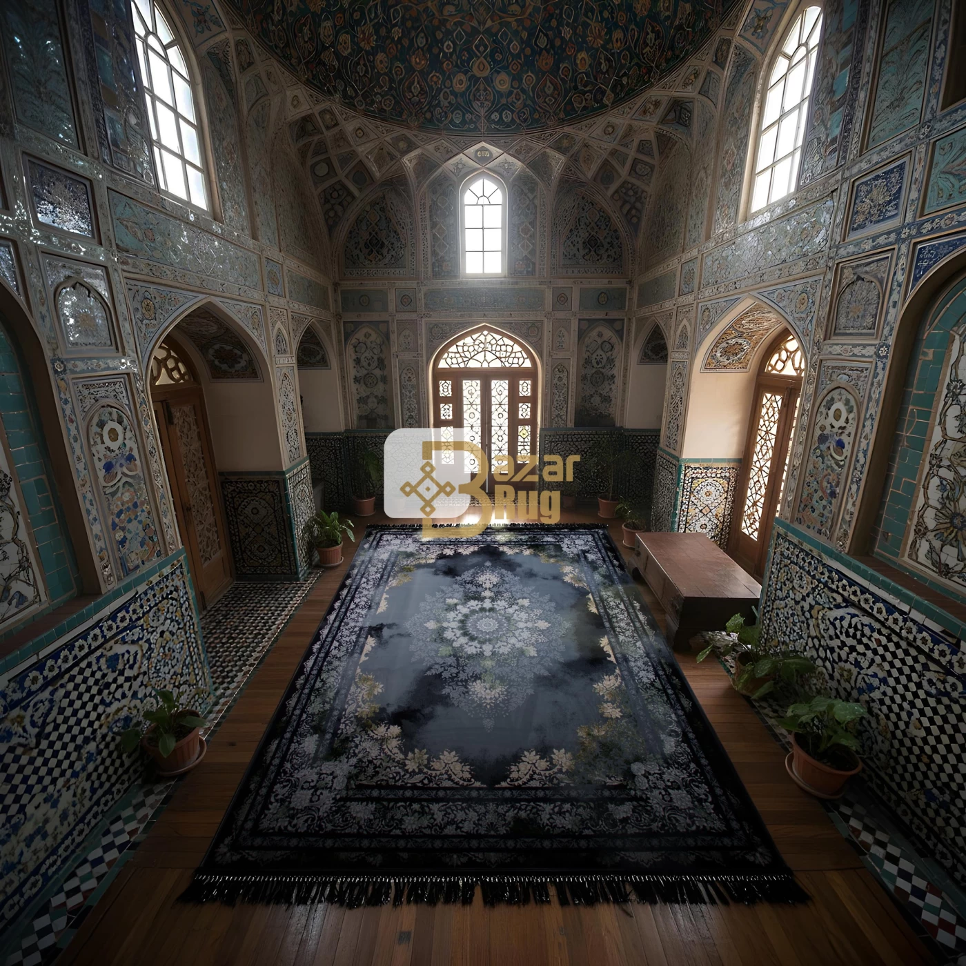 فرش ماشینی ۷۰۰ شانه تراکم ۲۵۵۰ طرح ۳۰۹  سبز سرمه‌ ای