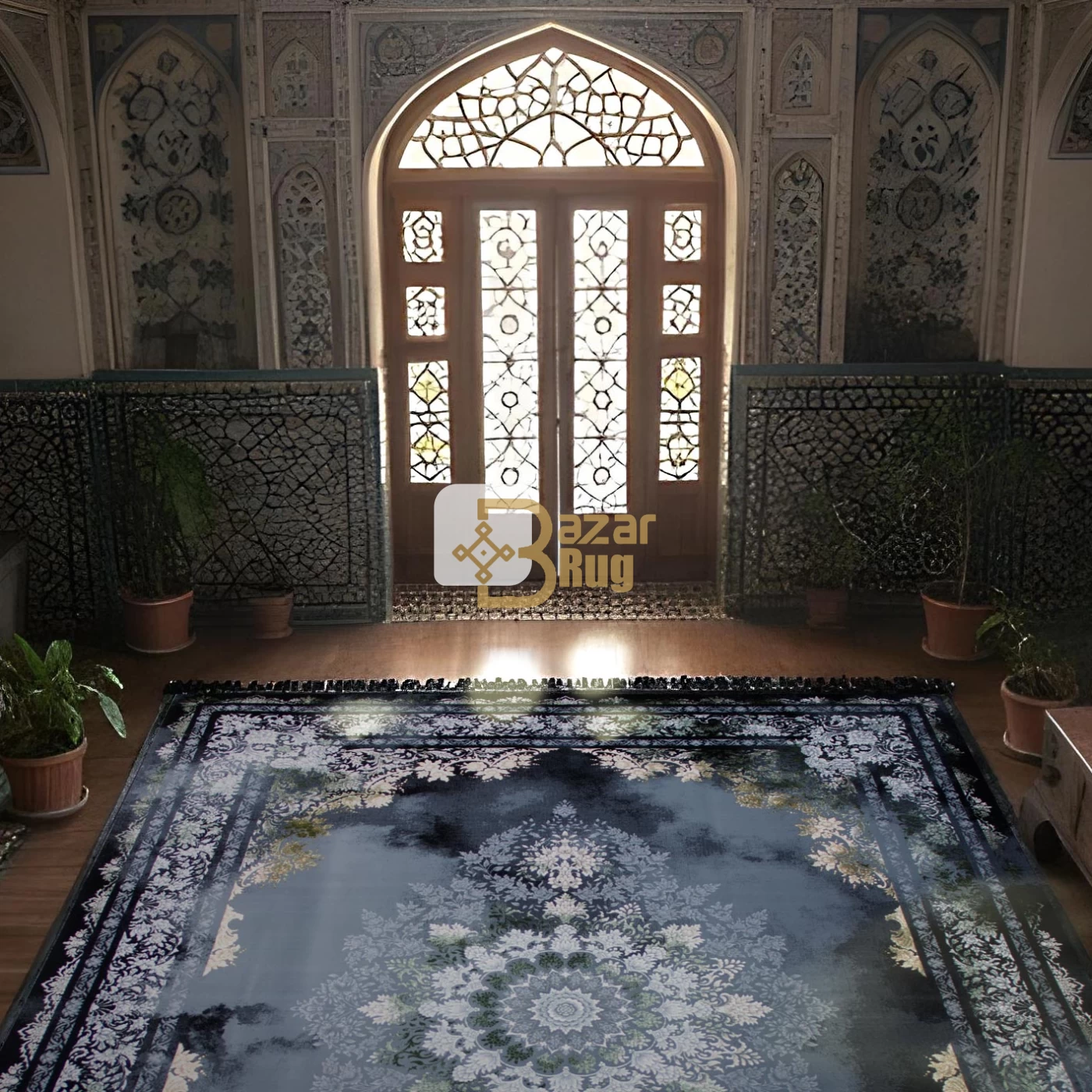 فرش ماشینی ۷۰۰ شانه تراکم ۲۵۵۰ طرح ۳۰۹  سبز سرمه‌ ای