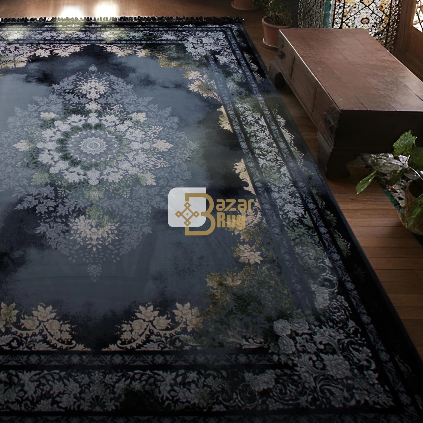 فرش ماشینی ۷۰۰ شانه تراکم ۲۵۵۰ طرح ۳۰۹  سبز سرمه‌ ای