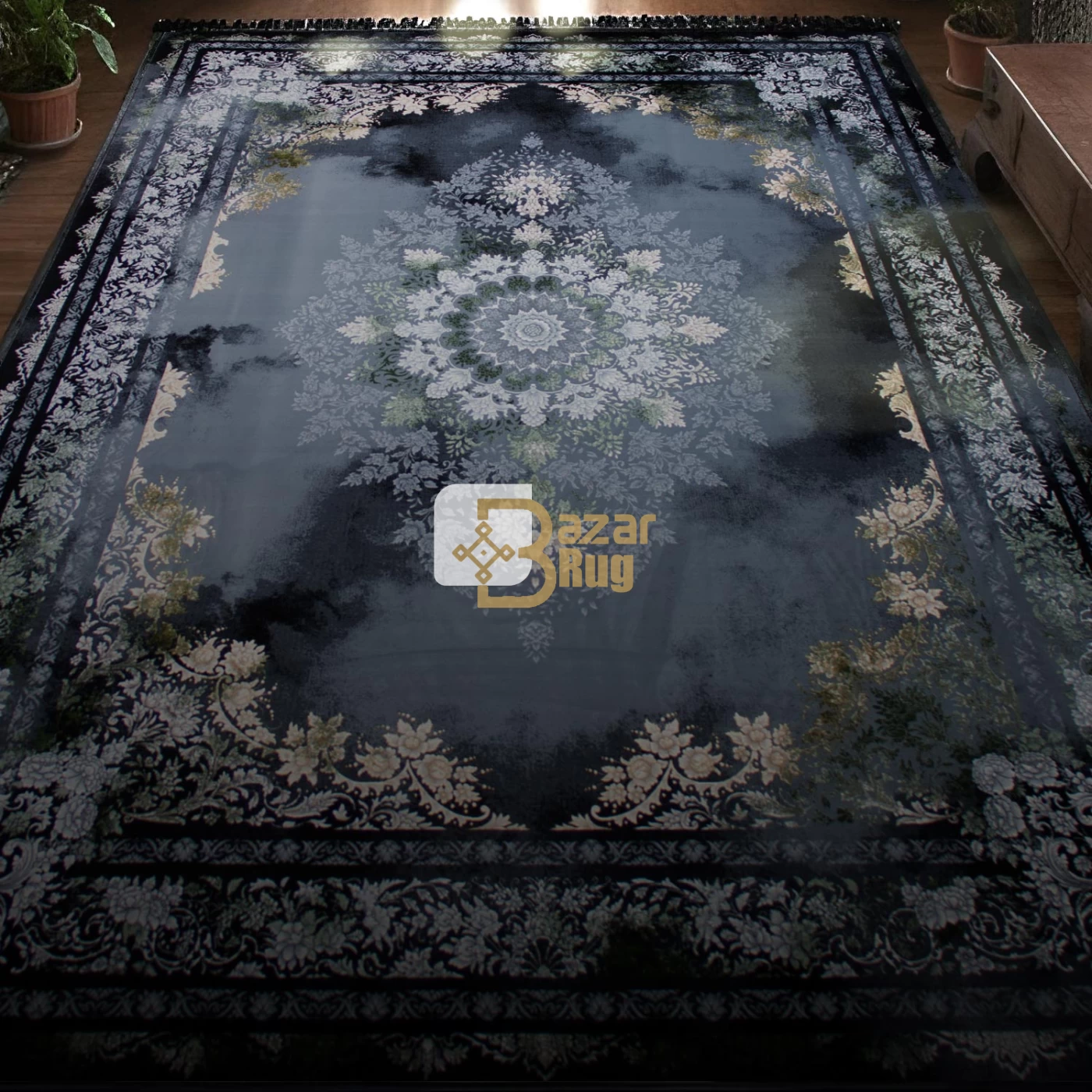 فرش ماشینی ۷۰۰ شانه تراکم ۲۵۵۰ طرح ۳۰۹  سبز سرمه‌ ای