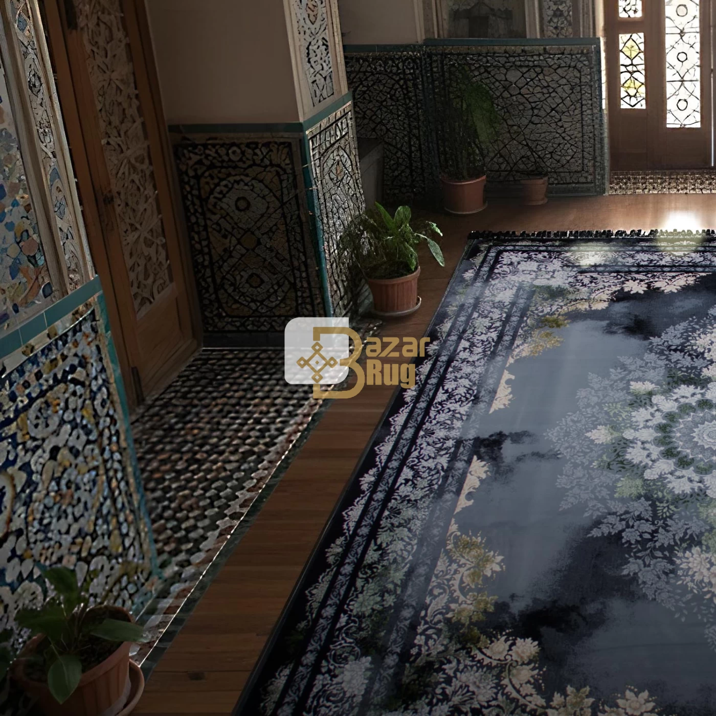 فرش ماشینی ۷۰۰ شانه تراکم ۲۵۵۰ طرح ۳۰۹  سبز سرمه‌ ای