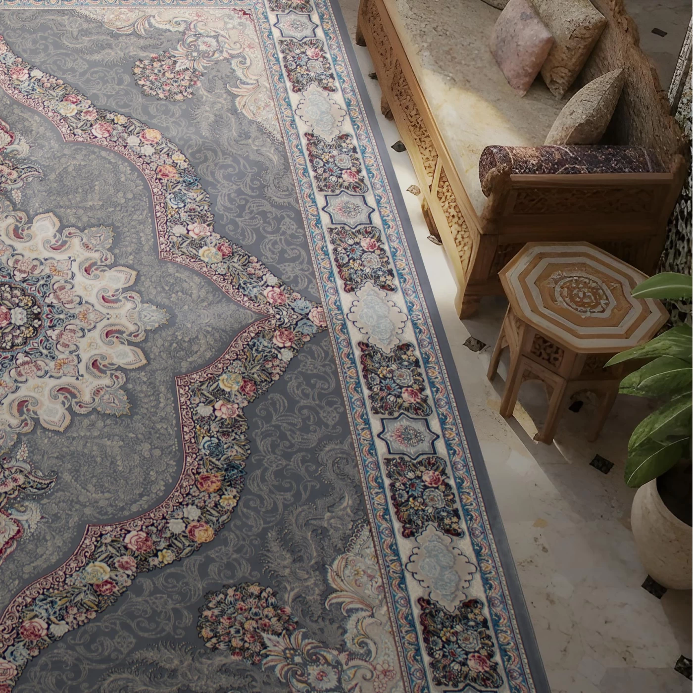 فرش ماشینی 700 شانه تراکم 2550 طرح آروانا دودی