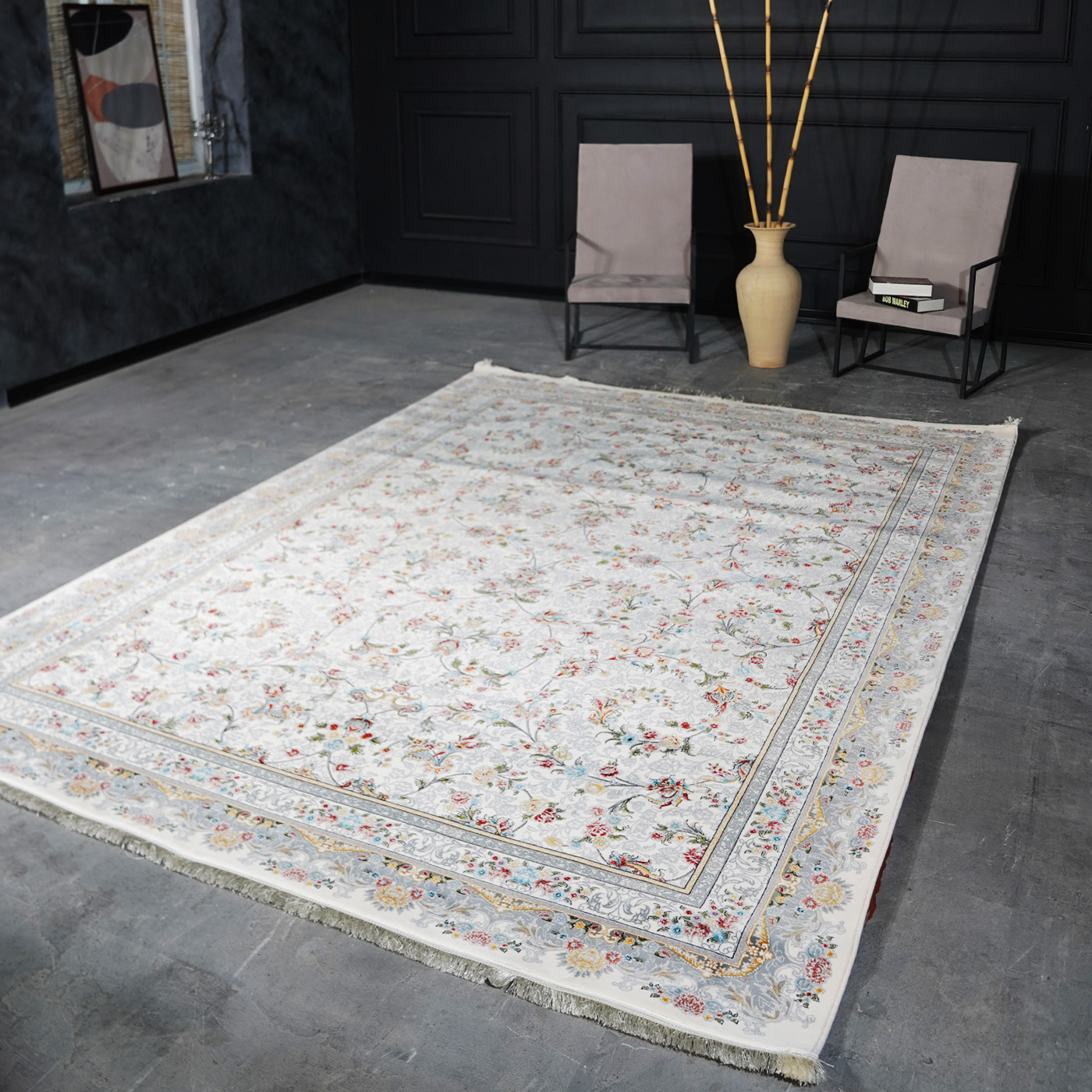 فرش ماشینی 700 شانه تراکم 2550 طرح آتیلا کرم