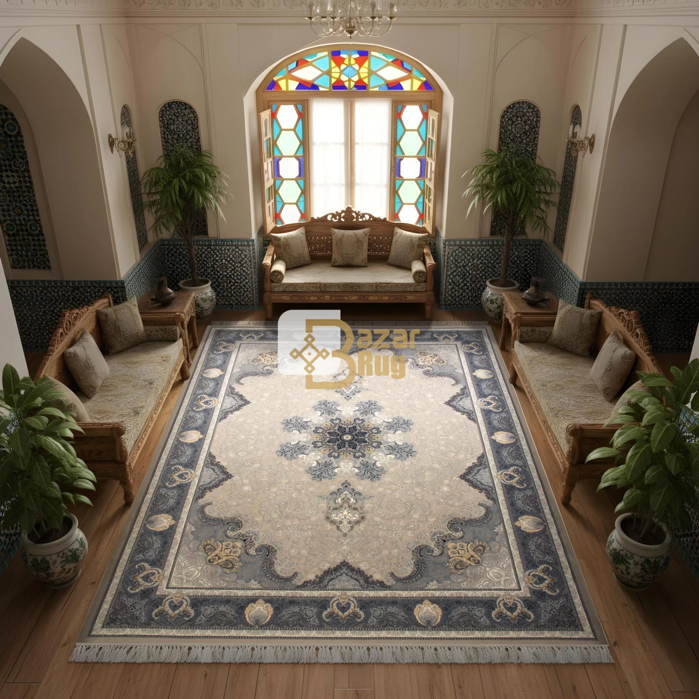 فرش ماشینی ۷۰۰ شانه تراکم ۲۵۵۰ طرح آیدا نقره‌ ای