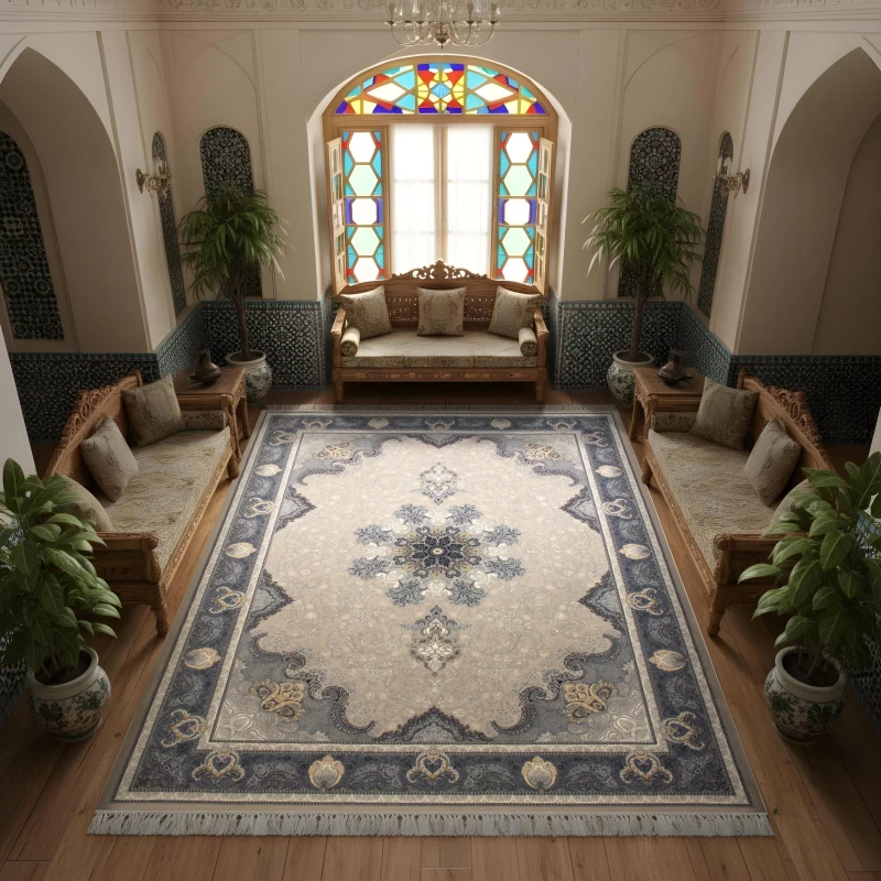 فرش ماشینی ۷۰۰ شانه تراکم ۲۵۵۰ طرح آیدا نقره‌ ای...