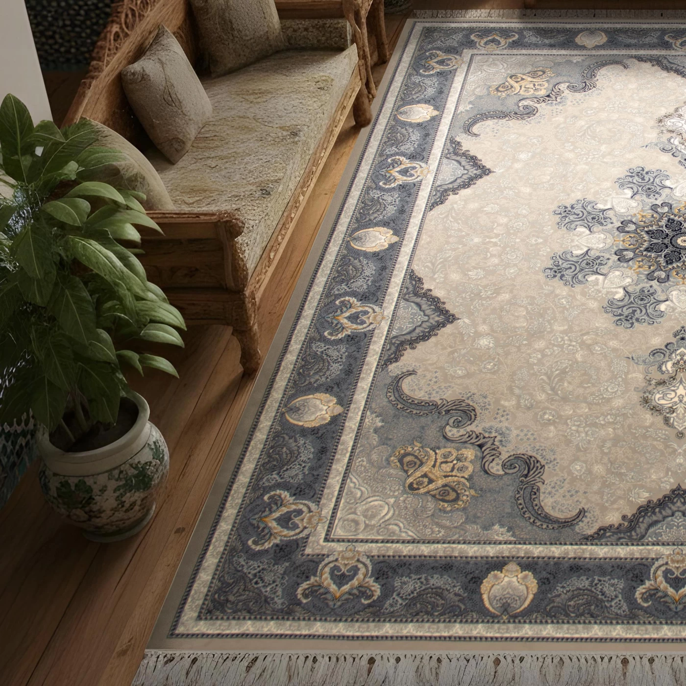 فرش ماشینی ۷۰۰ شانه تراکم ۲۵۵۰ طرح آیدا نقره‌ ای