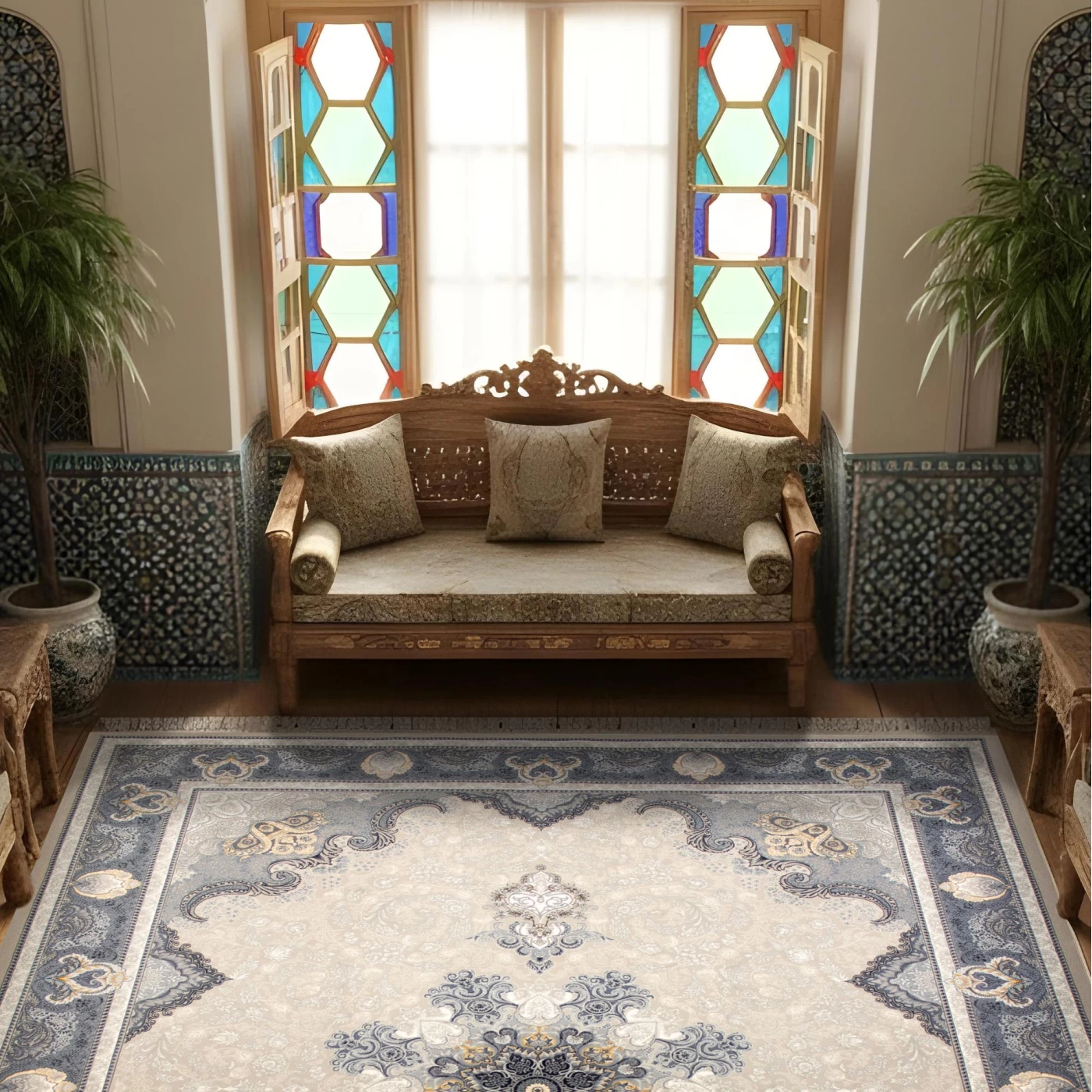 فرش ماشینی ۷۰۰ شانه تراکم ۲۵۵۰ طرح آیدا نقره‌ ای