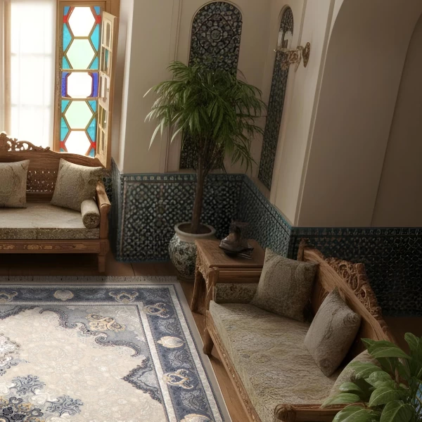 فرش ماشینی ۷۰۰ شانه تراکم ۲۵۵۰ طرح آیدا نقره‌ ای