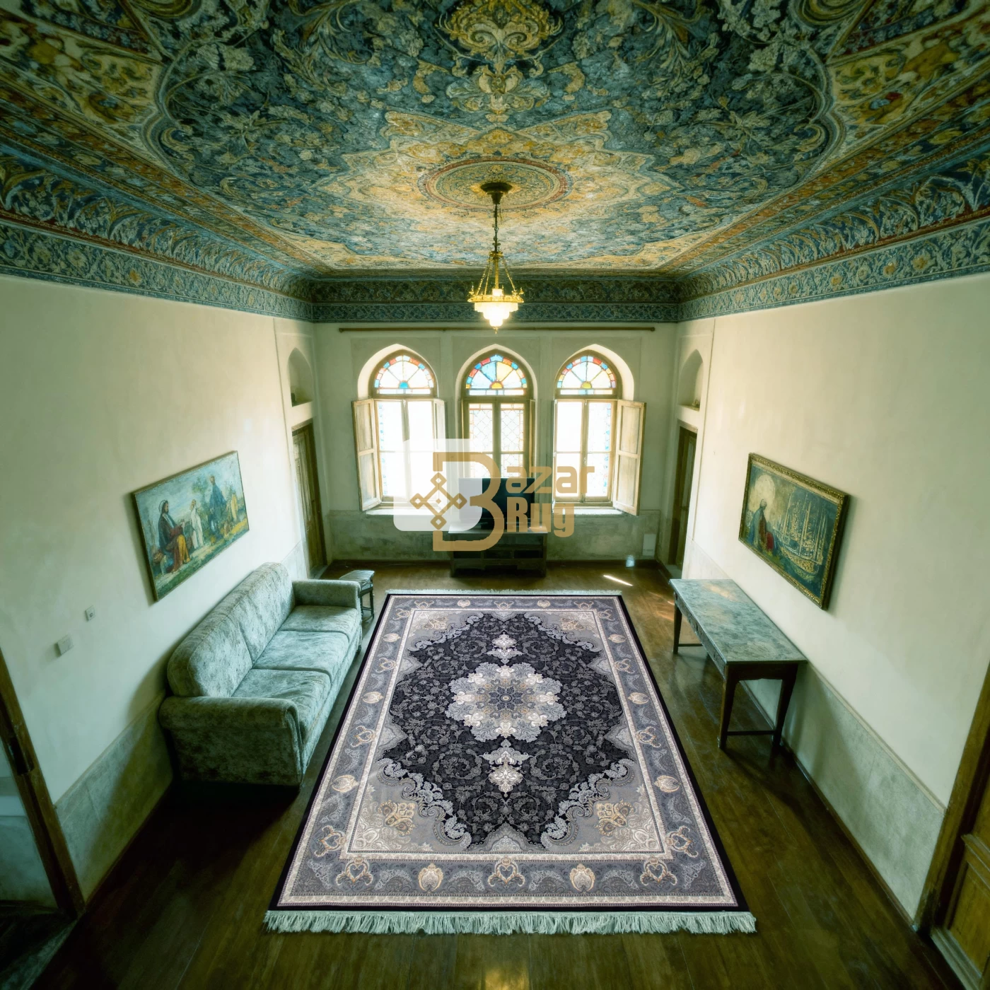 فرش ماشینی 700 شانه تراکم 2550 طرح آیدا سرمه ای