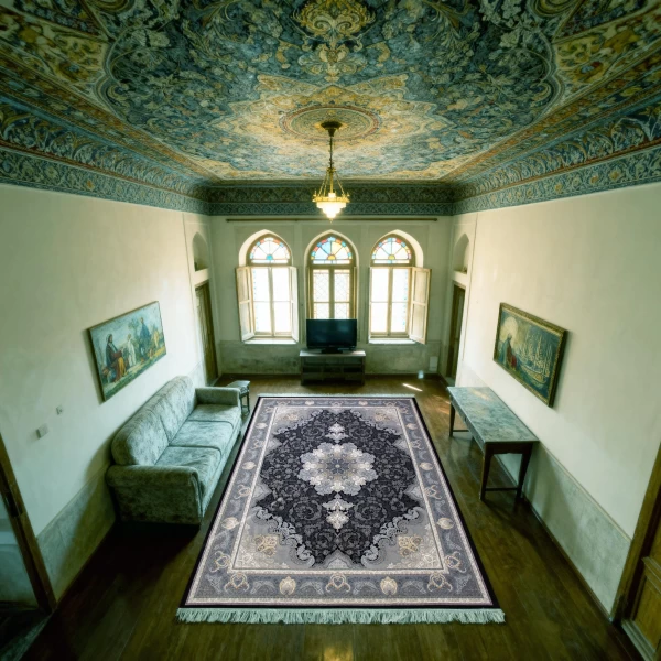 فرش ماشینی 700 شانه تراکم 2550 طرح آیدا سرمه ای