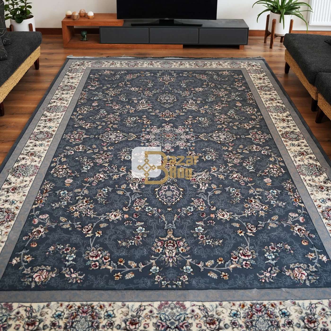 فرش ماشینی 700 شانه تراکم 2550 طرح آیناز دودی