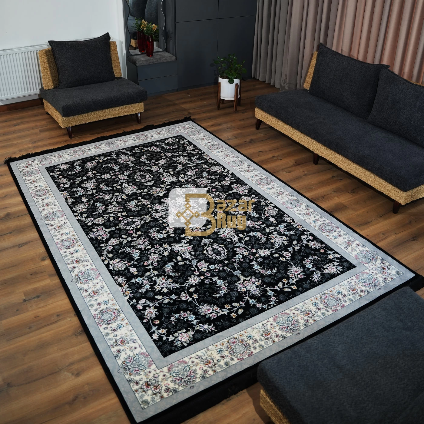 فرش ماشینی 700 شانه تراکم 2550 طرح آیناز سرمه ای