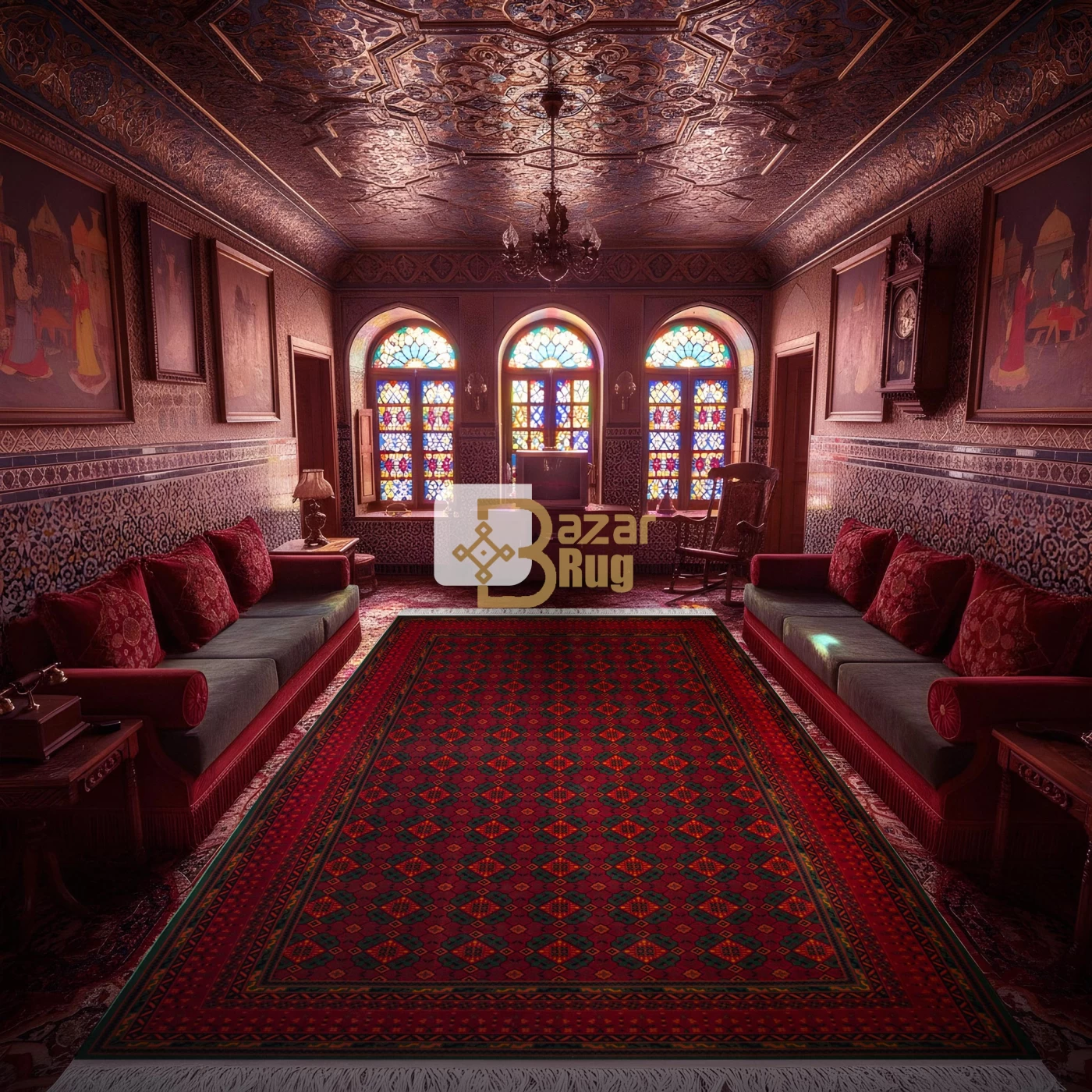 فرش ماشینی ۷۰۰ شانه تراکم ۲۱۰۰ طرح بلوچ دامون سبز