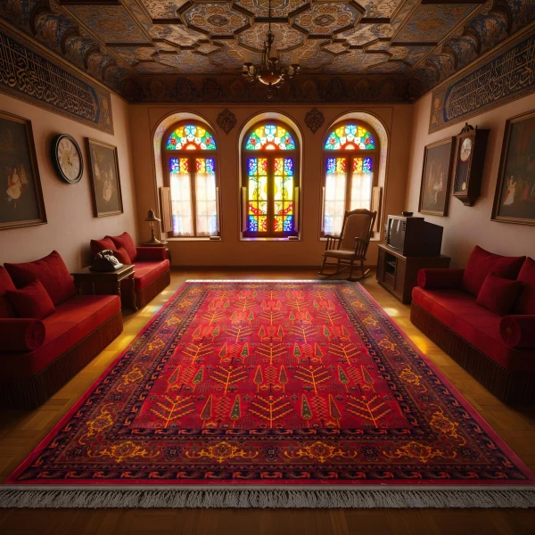 	فرش ماشینی ۷۰۰ شانه تراکم ۲۱۰۰ طرح بلوچ مهتا لاکی حاشیه سرمه ای