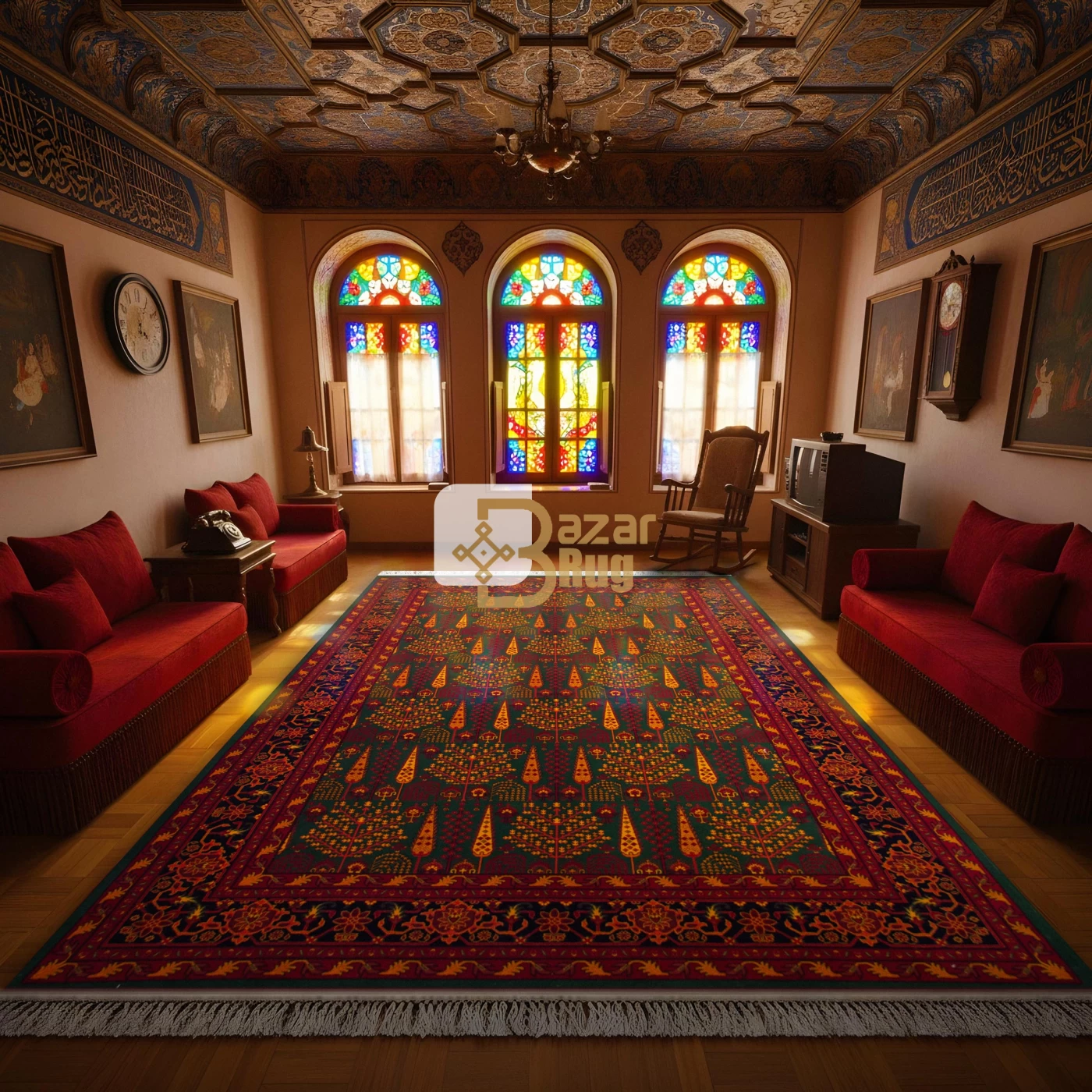 فرش ماشینی ۷۰۰ شانه تراکم ۲۱۰۰ طرح بلوچ مهتا سبز