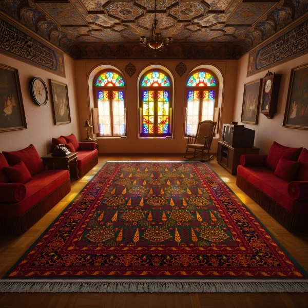 فرش ماشینی ۷۰۰ شانه تراکم ۲۱۰۰ طرح بلوچ مهتا سبز