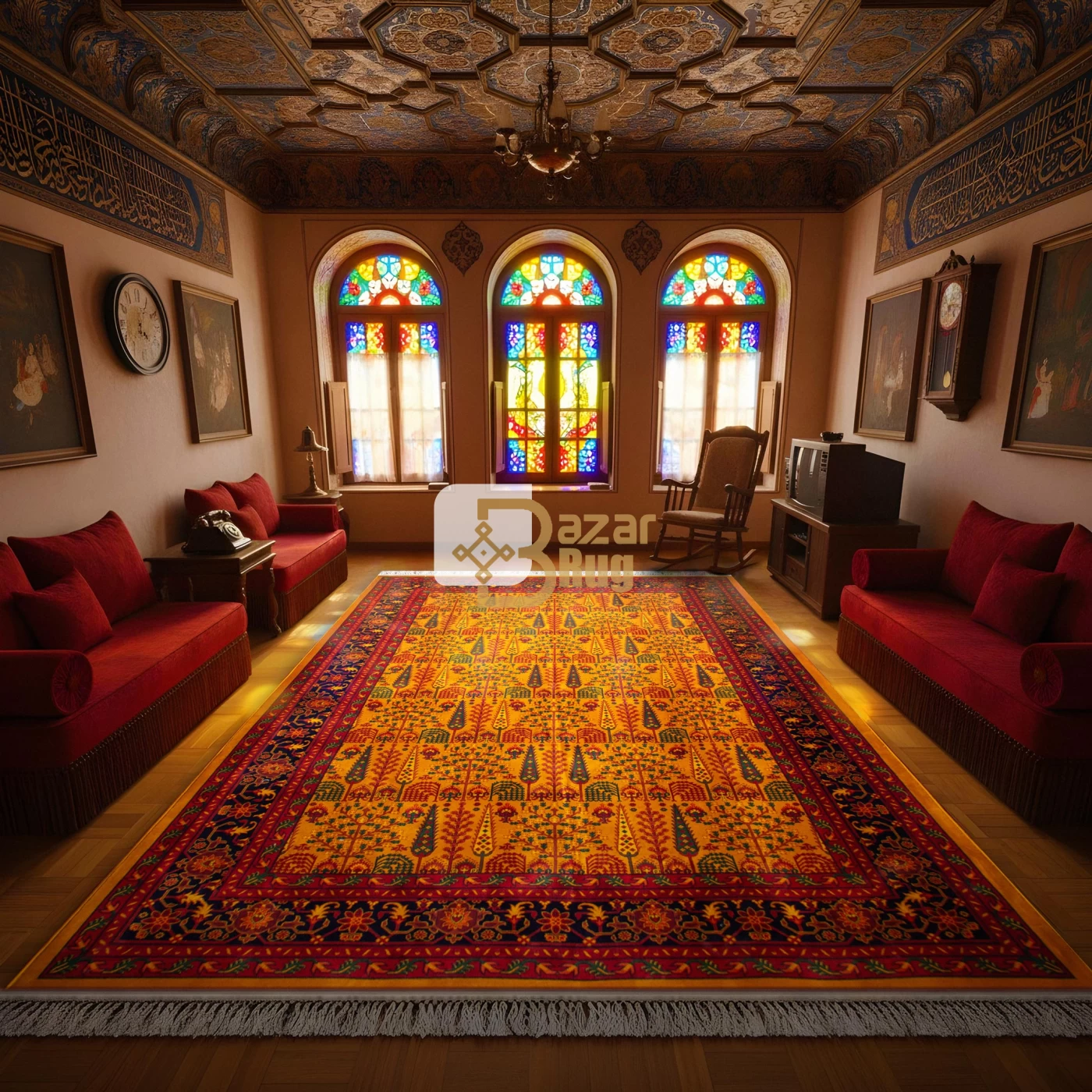 فرش ماشینی ۷۰۰ شانه تراکم ۲۱۰۰ طرح بلوچ مهتا طلایی