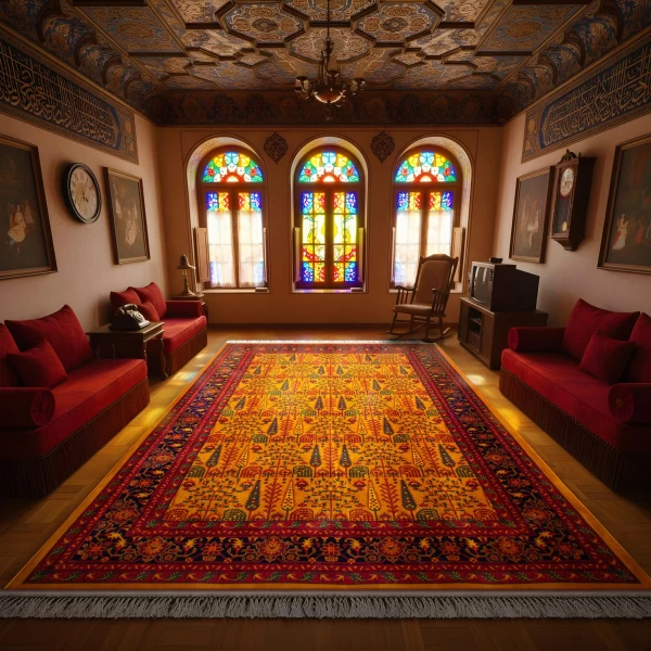 فرش ماشینی ۷۰۰ شانه تراکم ۲۱۰۰ طرح بلوچ مهتا طلایی