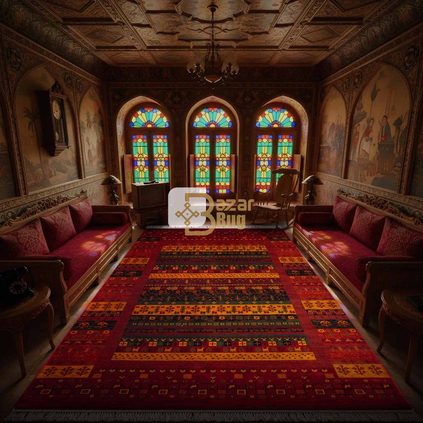 فرش ماشینی ۷۰۰ شانه تراکم ۲۱۰۰ طرح بلوچ می گل لاکی