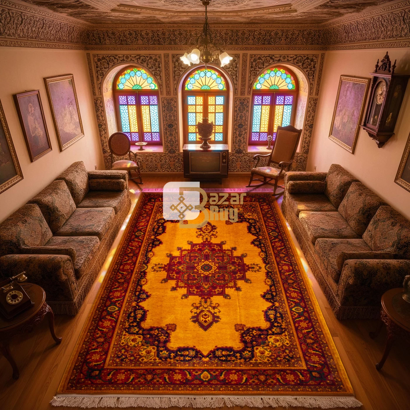 فرش ماشینی ۷۰۰ شانه تراکم ۲۱۰۰ طرح بلوچ مرلین طلایی