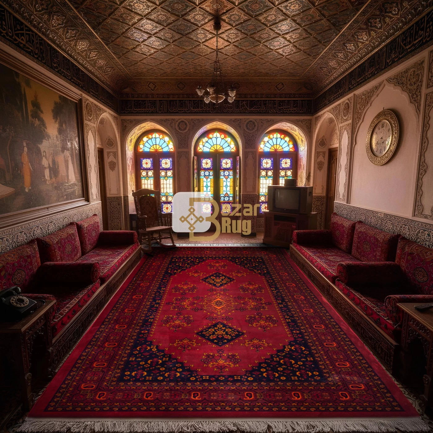 فرش ماشینی ۷۰۰ شانه تراکم ۲۱۰۰ طرح بلوچ ساتین روناسی