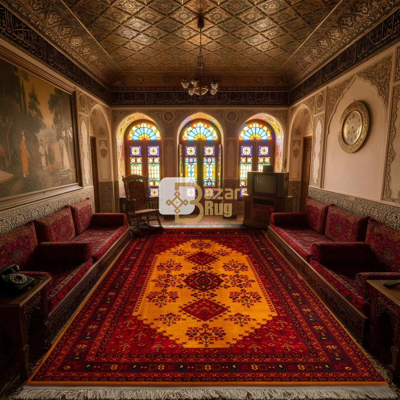 فرش ماشینی ۷۰۰ شانه تراکم ۲۱۰۰ طرح بلوچ ساتین طلایی